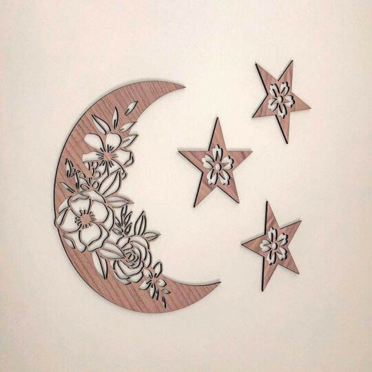 Floral Moon and Stars Celestial Galaxy Wall Decor |Stars and Moon Nursery Wall Art