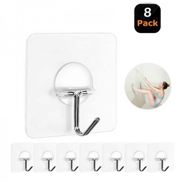 Transparent Reusable Seamless Hooks,Waterproof and Oilproof,Bathroom Kitchen Heavy Duty Self Adhesive Hooks (8 Pack)