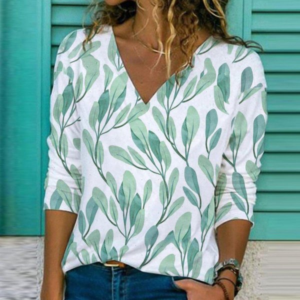 Fresh Print V-Neck Long Sleeve Top